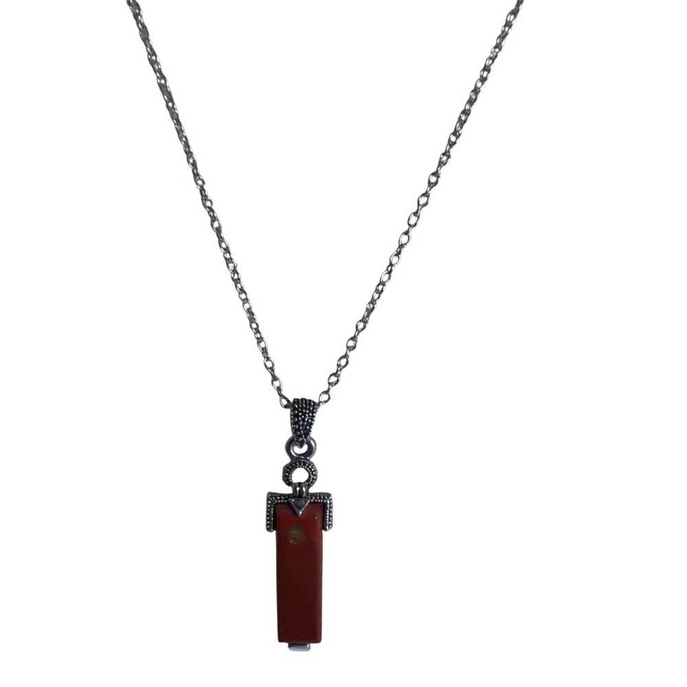 Red Jasper Stone Bar Pendant Necklace Silver Tone Adjustable Chain  Layering‎